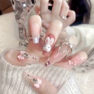 Pink & White Press On Nail Art Set 3D Bunny Rhinestones Reusable 10 pc NWT Med